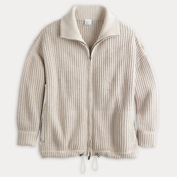 New Women's FLX Sweater Size XL Chenille Zip-Up Commuter Beige NWOT Ribbed - Picture 1 of 13